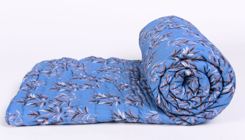 Blue Leaves Printed Cotton Quilt | Jaipuri Razai