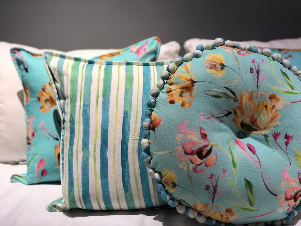 Aqua And Ochre Poppy Floral Dream Printed with  complimenting Stripes Cushion Cover 5 Pc set