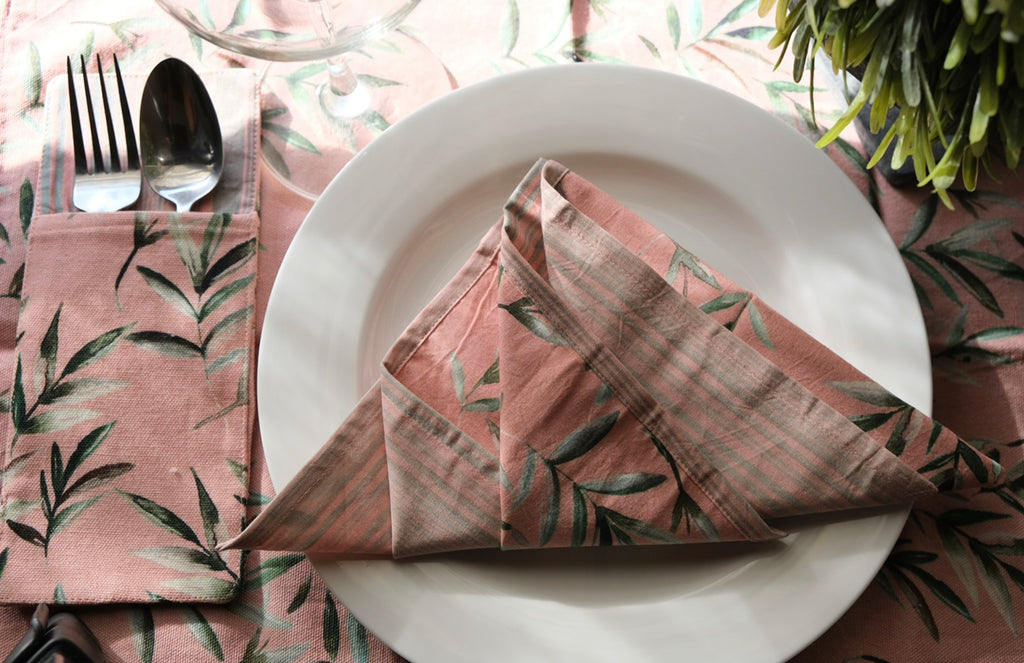 Reversible Dinner Napkins set of 6 Coral and cloud grey leaves printed