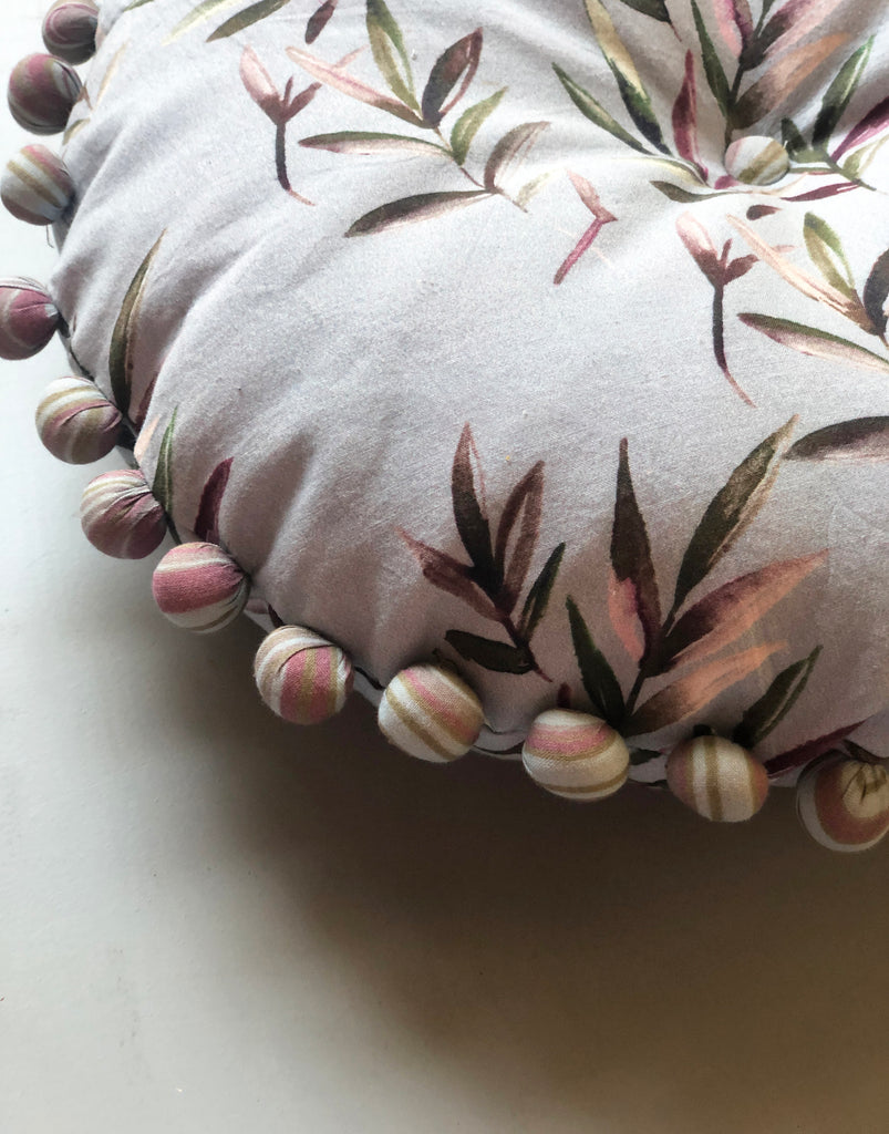 Cloud Grey Leaves Printed Decorative Round Filled Cushion