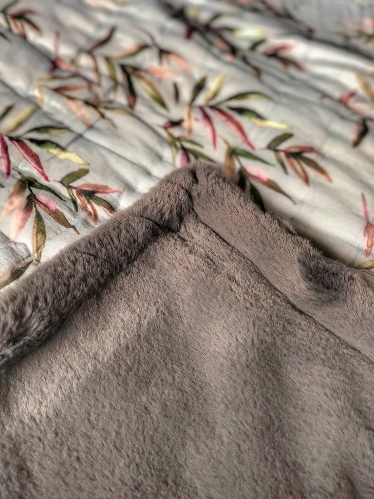 Cloud Grey Leaves Printed Two In One Fur Quilt With Grey Fur