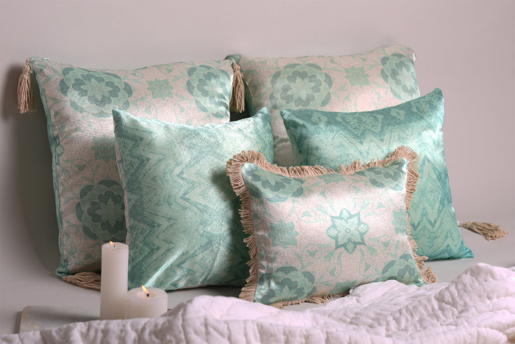Luxury Satin Aqua and White Curated Set of 5 Reversible Cushions