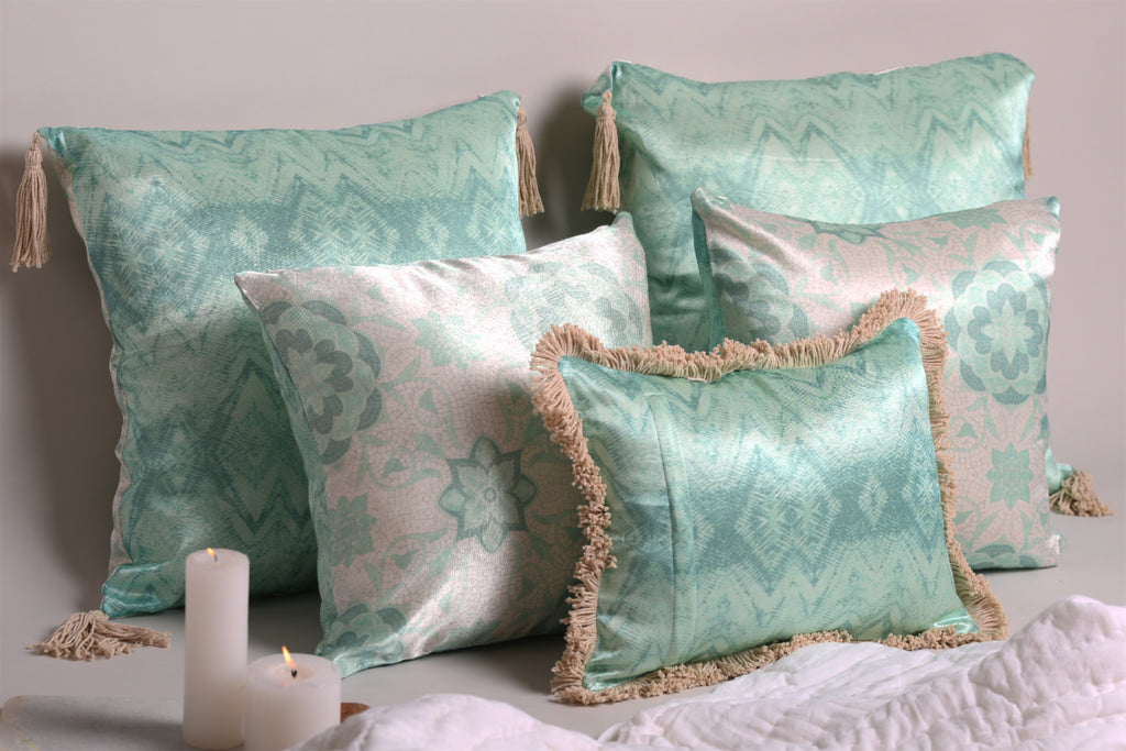 Luxury Satin Aqua and White Curated Set of 5 Reversible Cushions