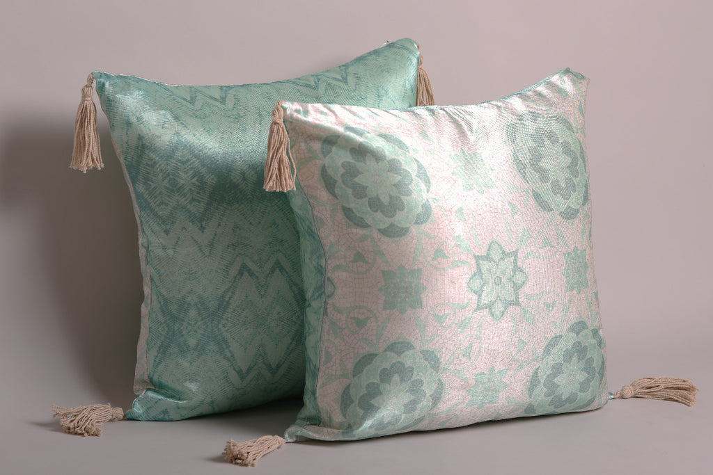 Luxury Satin Aqua and White Curated Set of 5 Reversible Cushions