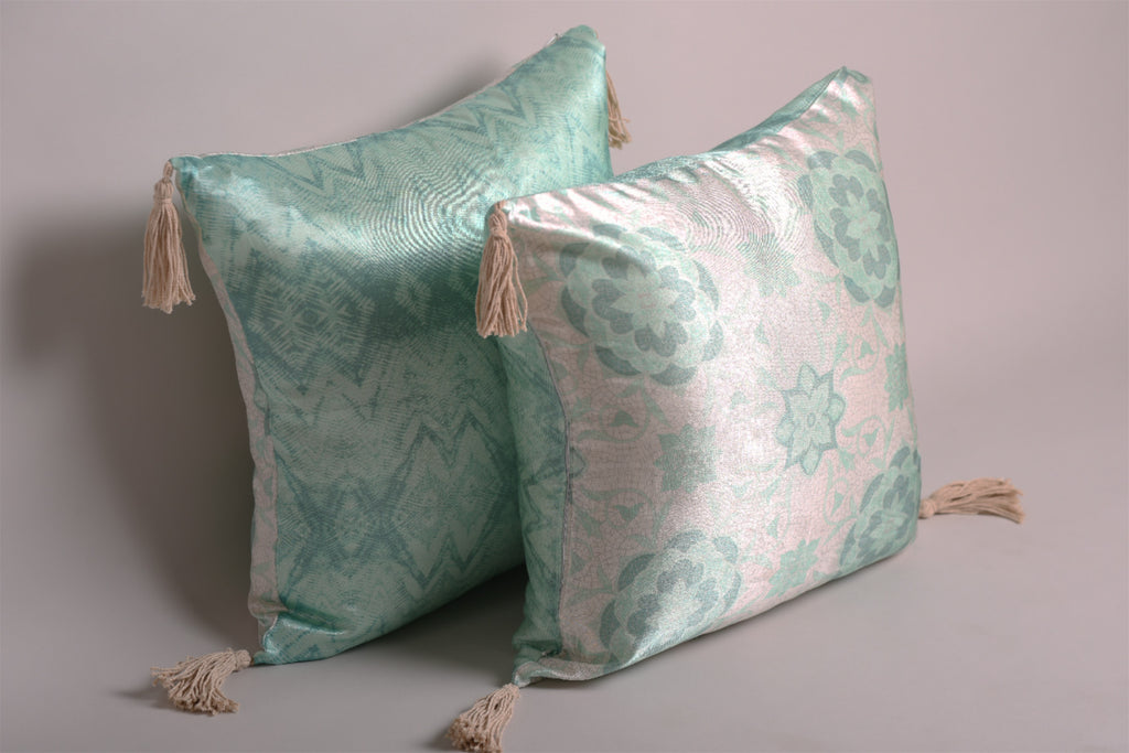 Luxury Satin Aqua and White Curated Set of 5 Reversible Cushions