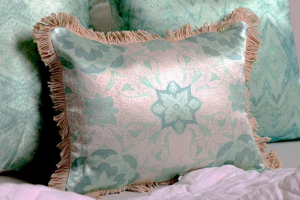 Luxury Satin Aqua and White Curated Set of 5 Reversible Cushions