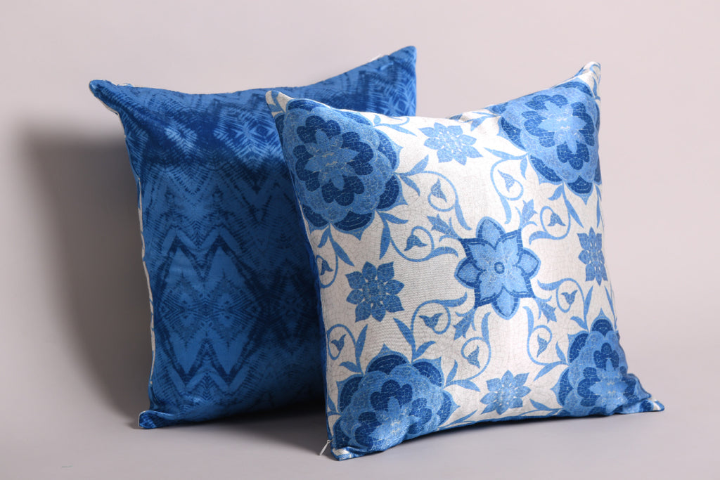 Luxury Satin Marble Blue and White Curated Set of 5 Reversible Cushions