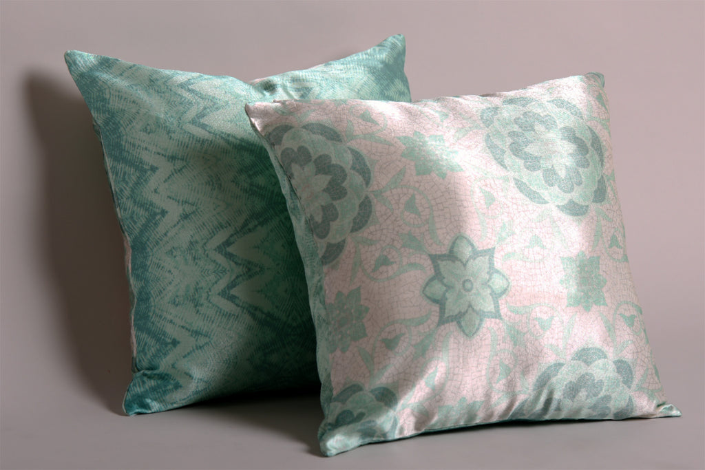 Luxury Satin Aqua and White Curated Set of 5 Reversible Cushions