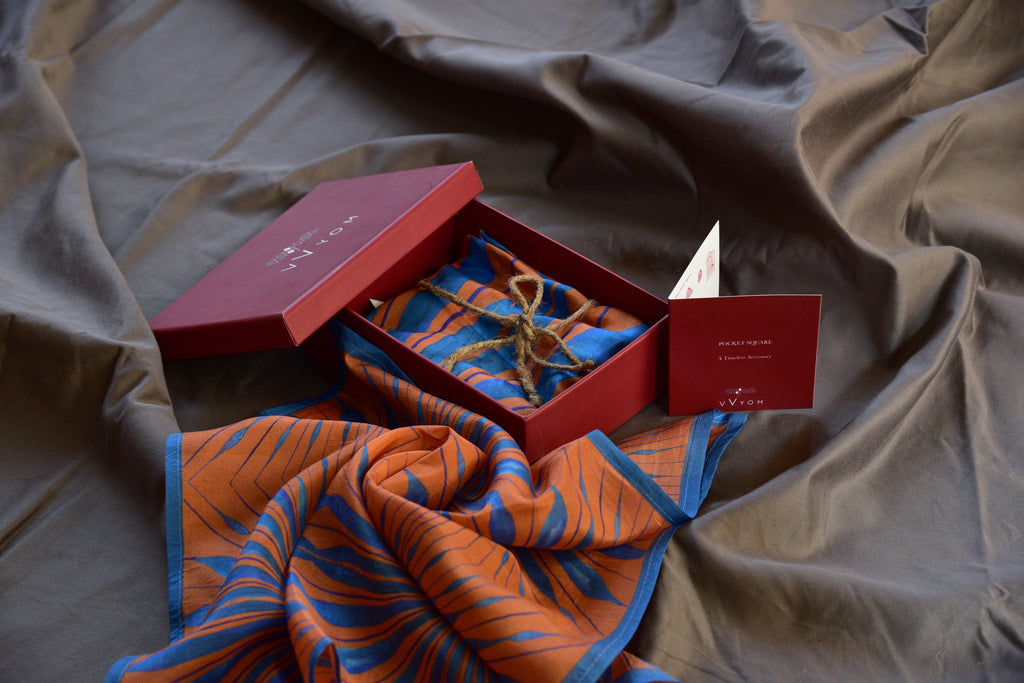 Orange and turquoise Printed Pure Silk Scarf and Pocket Square Gift Set