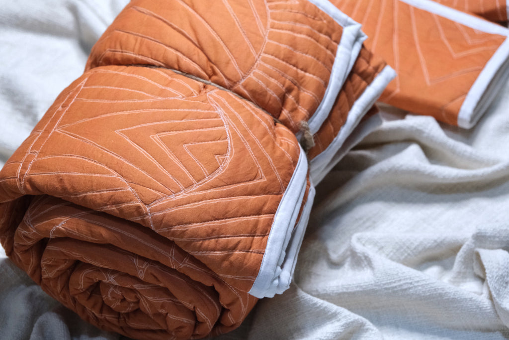 Orange Rust Quilted Bedcover With Pillow Covers