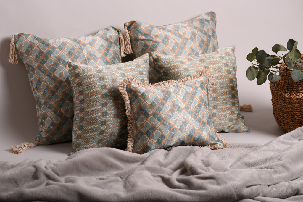 Luxury Satin Moroccan Tiled Brown Curated Set of 5 Reversible Cushions