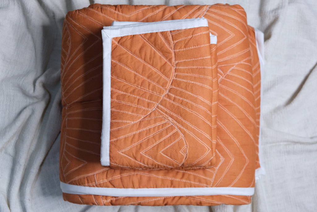 Orange Rust Quilted Bedcover With Pillow Covers