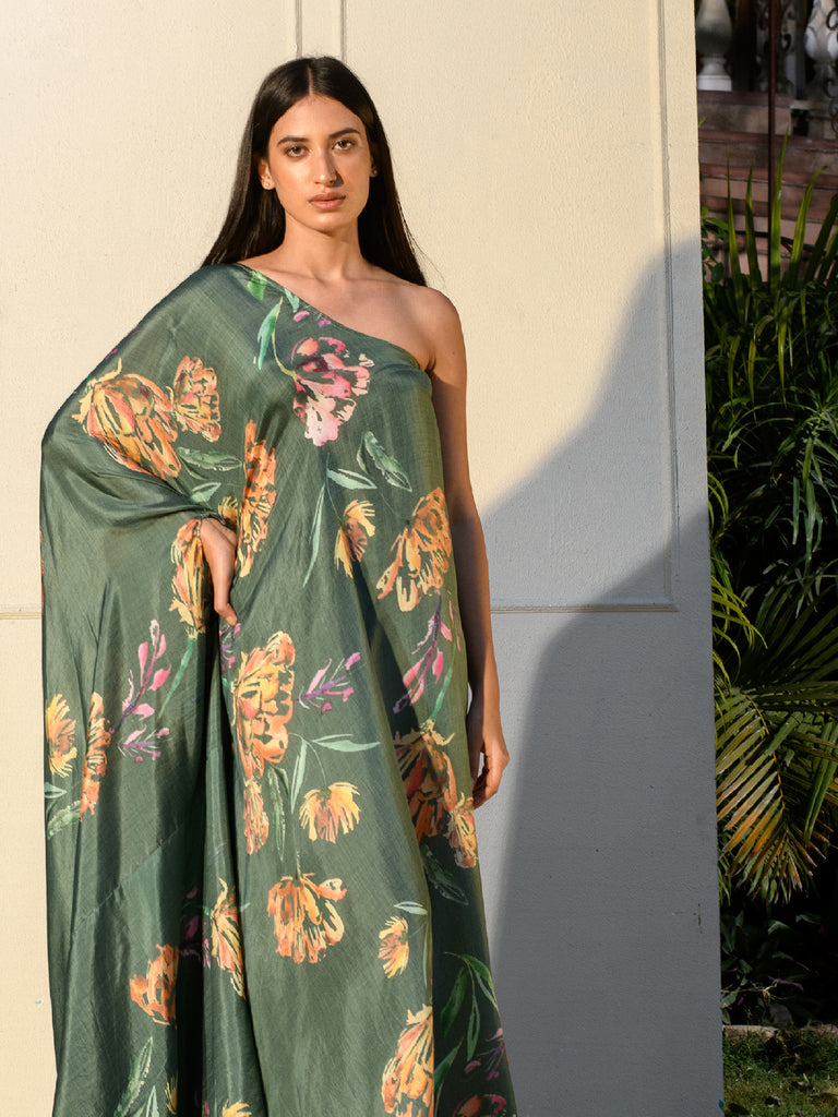 Shop Soundarya Botanical Neemleaf one Shoulder Kaftaan