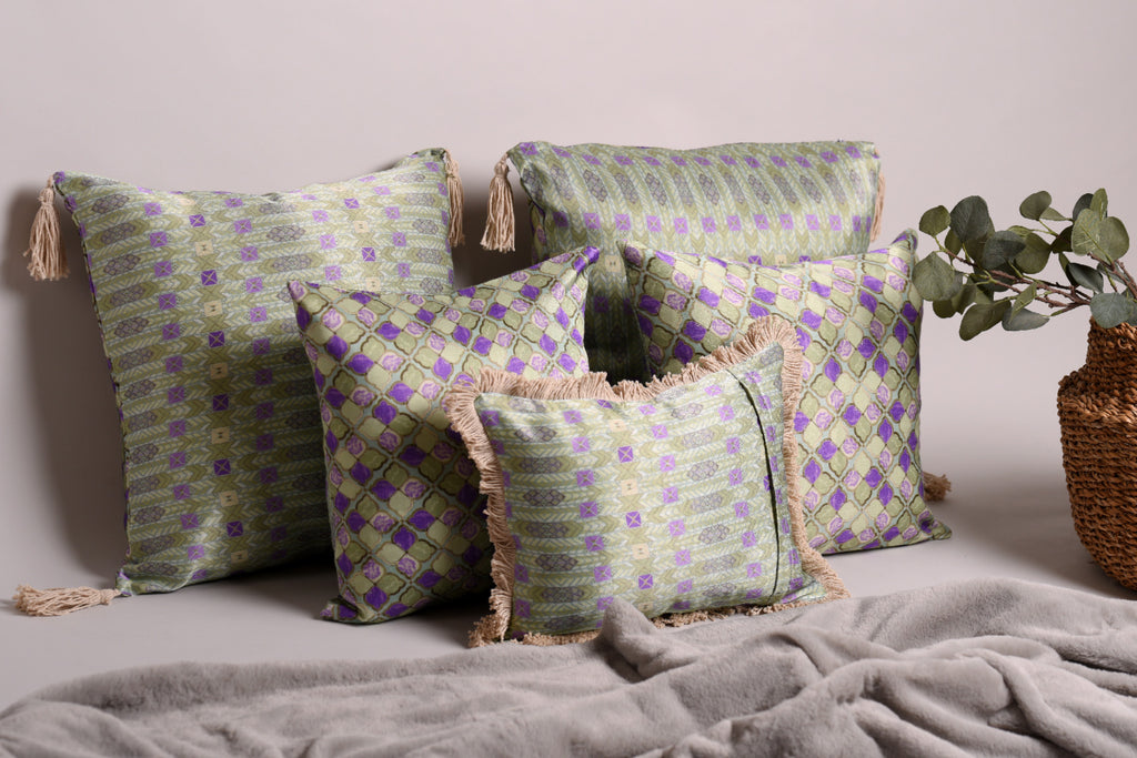 Luxury Satin Moroccan Tiled Green and Purple Curated Set of 5 Reversible Cushions