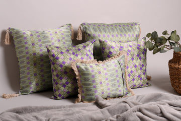 Luxury Satin Moroccan Tiled Green and Purple Curated Set of 5 Reversible Cushions