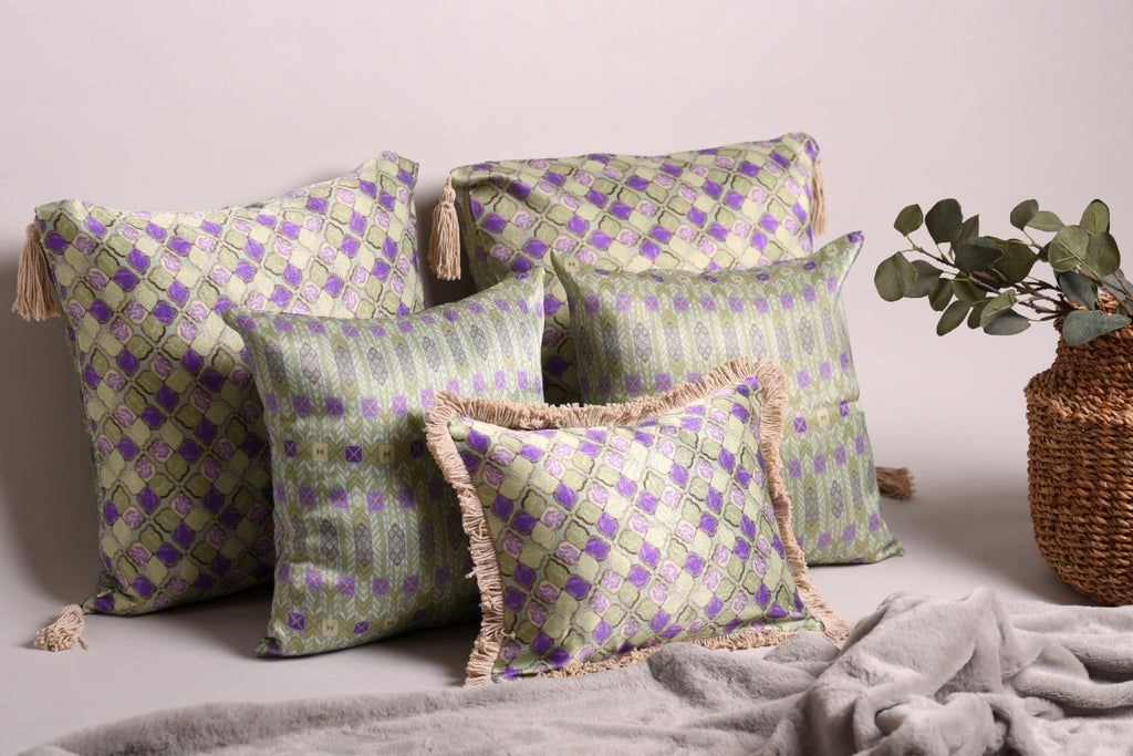 Luxury Satin Moroccan Tiled Green and Purple Curated Set of 5 Reversible Cushions
