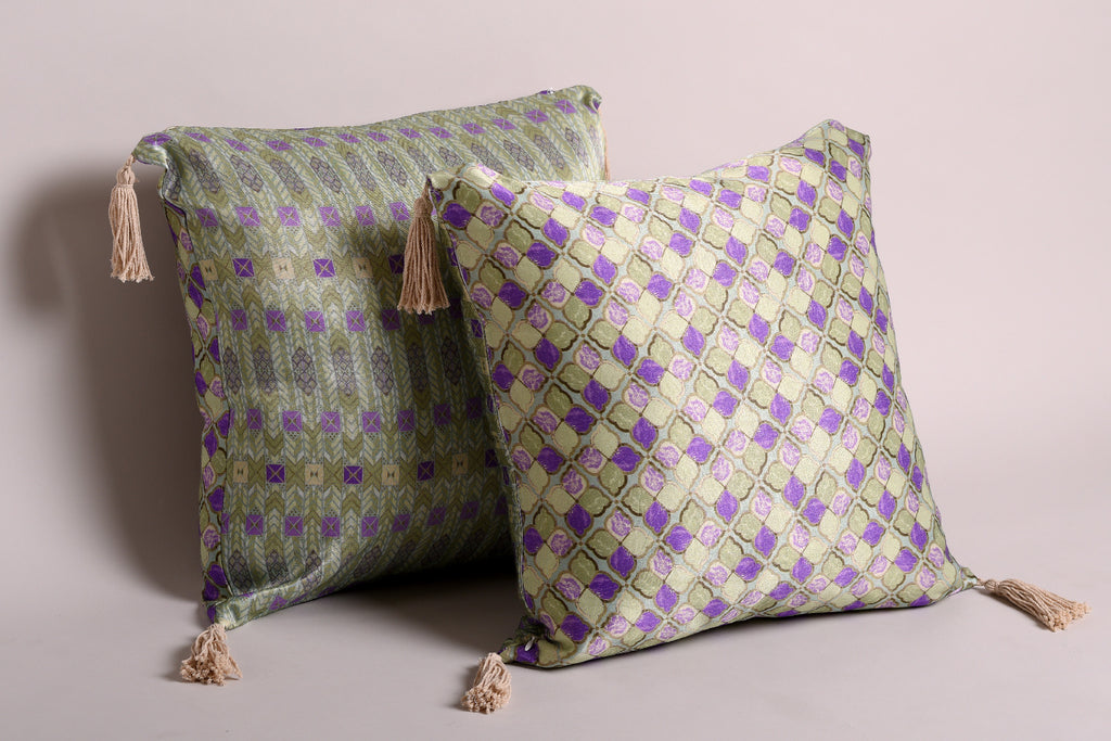 Luxury Satin Moroccan Tiled Green and Purple Curated Set of 5 Reversible Cushions