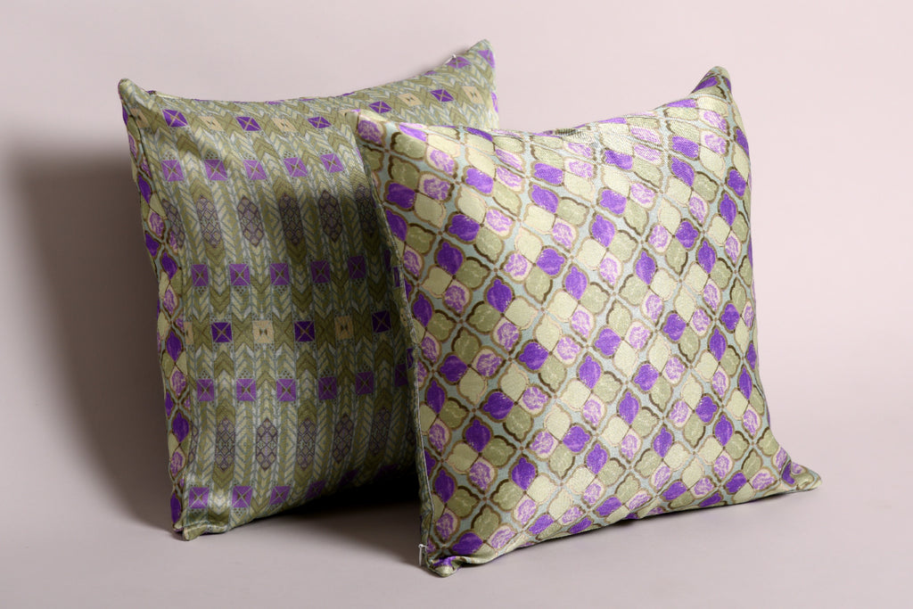 Luxury Satin Moroccan Tiled Green and Purple Curated Set of 5 Reversible Cushions