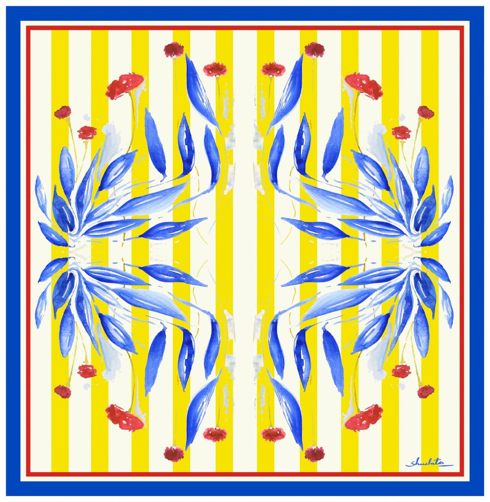 Blue And Yellow Lotus Printed Pure Silk Scarf