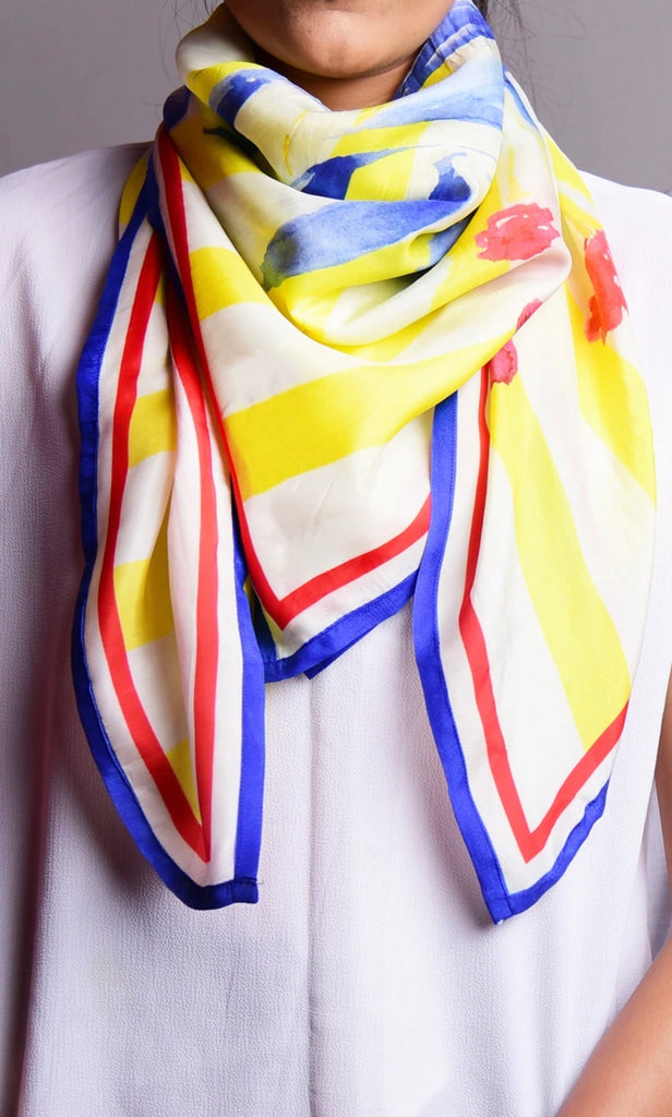 Eclectic Primary colour florals Printed Pure Silk Scarf and Pocket Square Gift Set