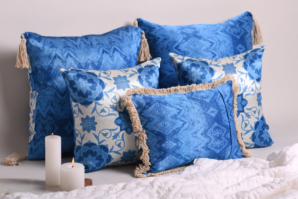 Luxury Satin Marble Blue and White Curated Set of 5 Reversible Cushions