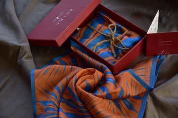 Orange and turquoise Printed Pure Silk Scarf and Pocket Square Gift Set