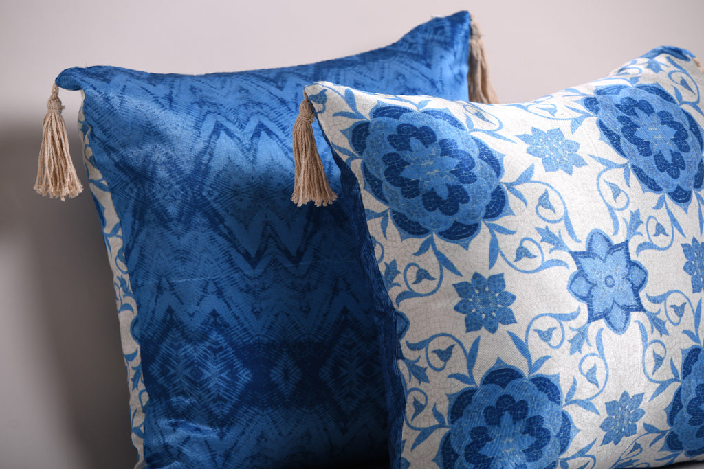 Luxury Satin Marble Blue and White Curated Set of 5 Reversible Cushions