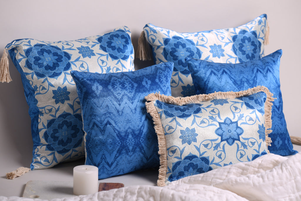 Luxury Satin Marble Blue and White Curated Set of 5 Reversible Cushions