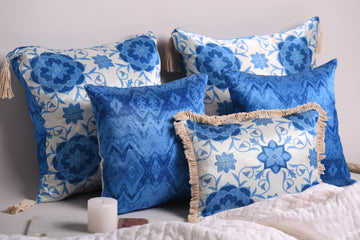 Luxury Satin Marble Blue and White Curated Set of 5 Reversible Cushions