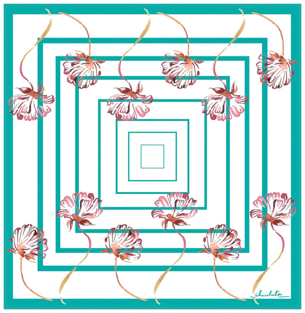 Aqua and red floral Printed Pure Silk Scarf and Pocket Square Gift Set