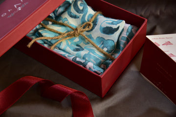 Water Swirls white and Aqua Blue Printed Pure Silk Scarf and Pocket Square Gift Set