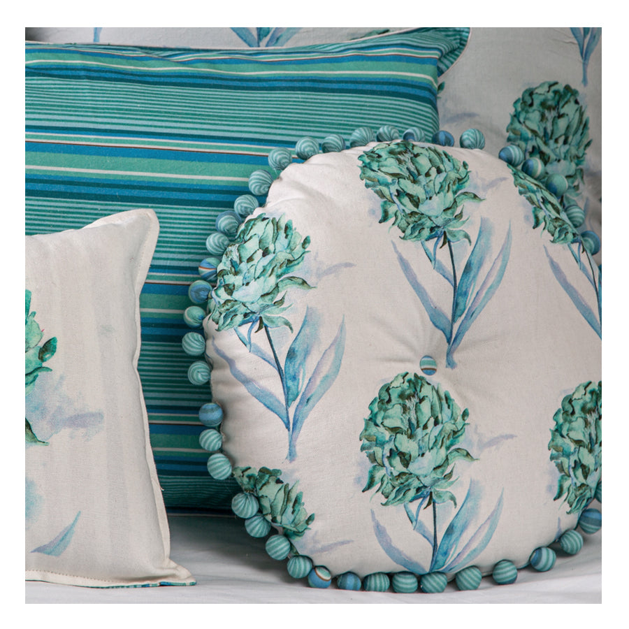 Aqua and White Penoy Printed Decorative Round Filled Cushion