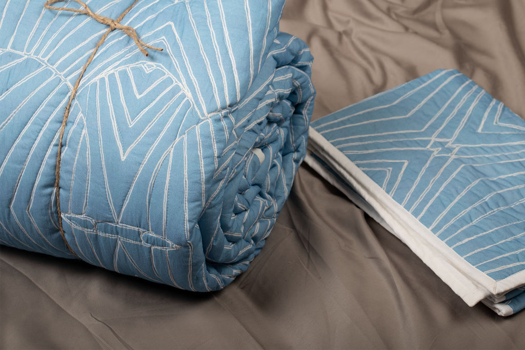Online Blue Quilted Bedcover With Pillow Covers