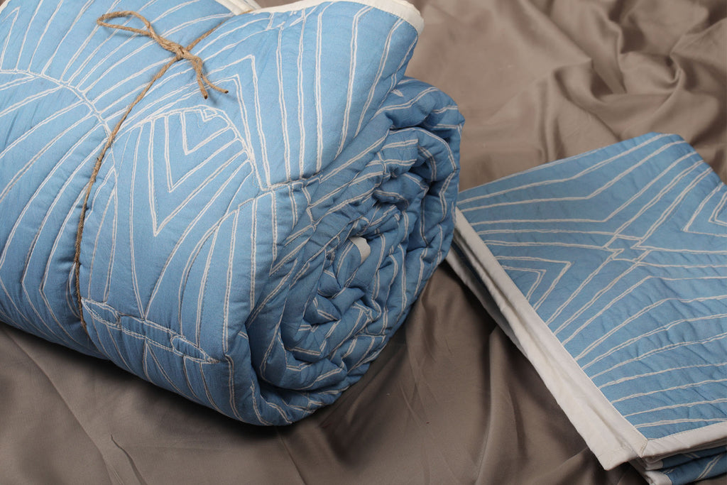 Buy Blue Quilted Bedcover With Pillow Covers