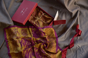 Burgundy and Gold Tiger Printed Pure Silk Scarf and Pocket Square Gift Set