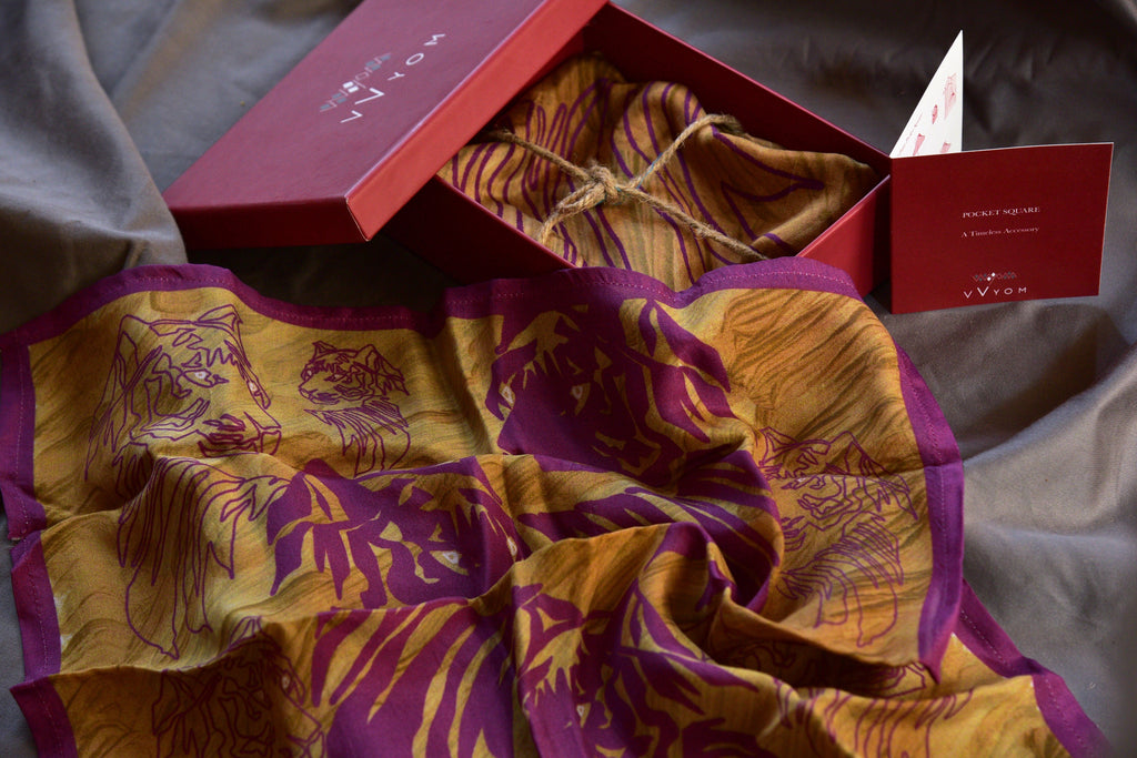 Burgundy and Gold Tiger Printed Pure Silk Scarf and Pocket Square Gift Set