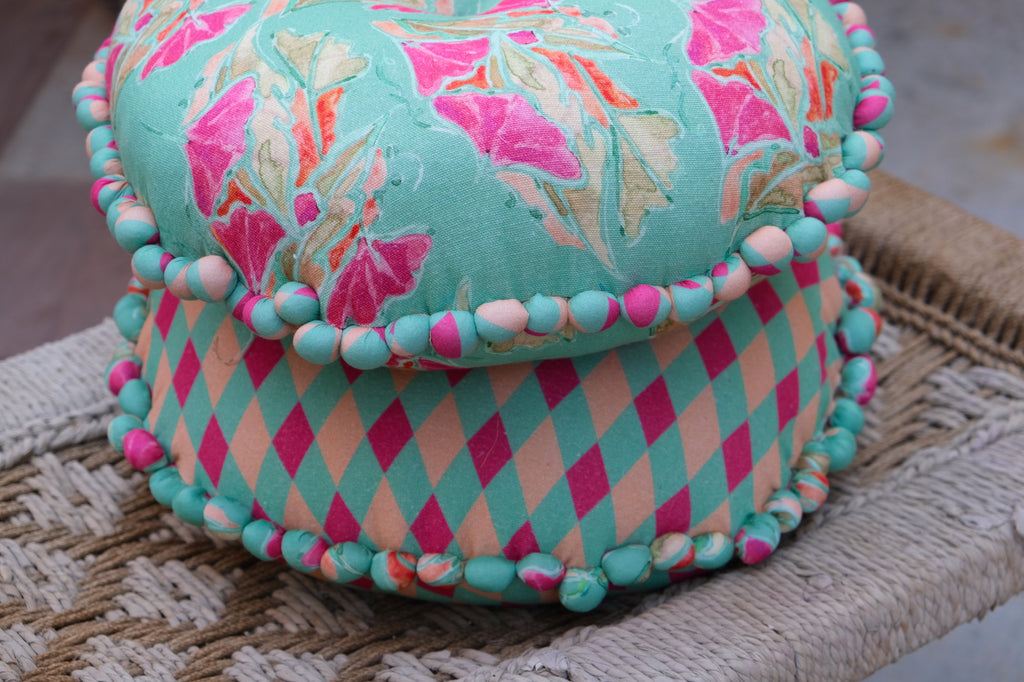 Make A Statement Hot Fuchsia Floral Round pom pom 16"x16" filled cushion