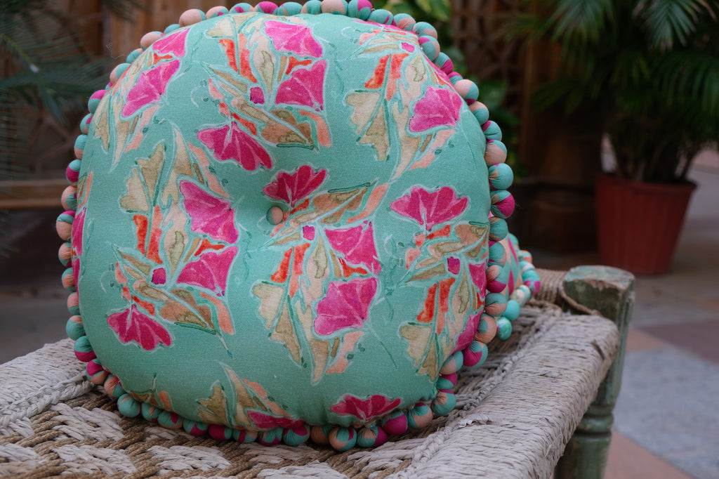 Make A Statement Hot Fuchsia Floral Round pom pom 16"x16" filled cushion