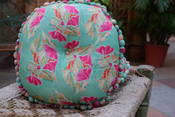 Make A Statement Hot Fuchsia Floral Round pom pom 16"x16" filled cushion