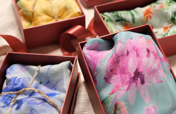 Floral Aqua and Pink Printed organza silk blend Stole / Dupatta Gift Box
