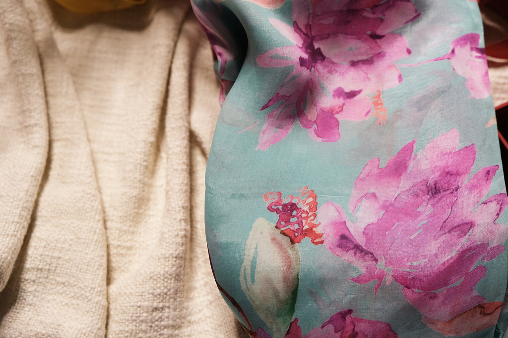 Floral Aqua and Pink Printed organza silk blend Stole / Dupatta Gift Box