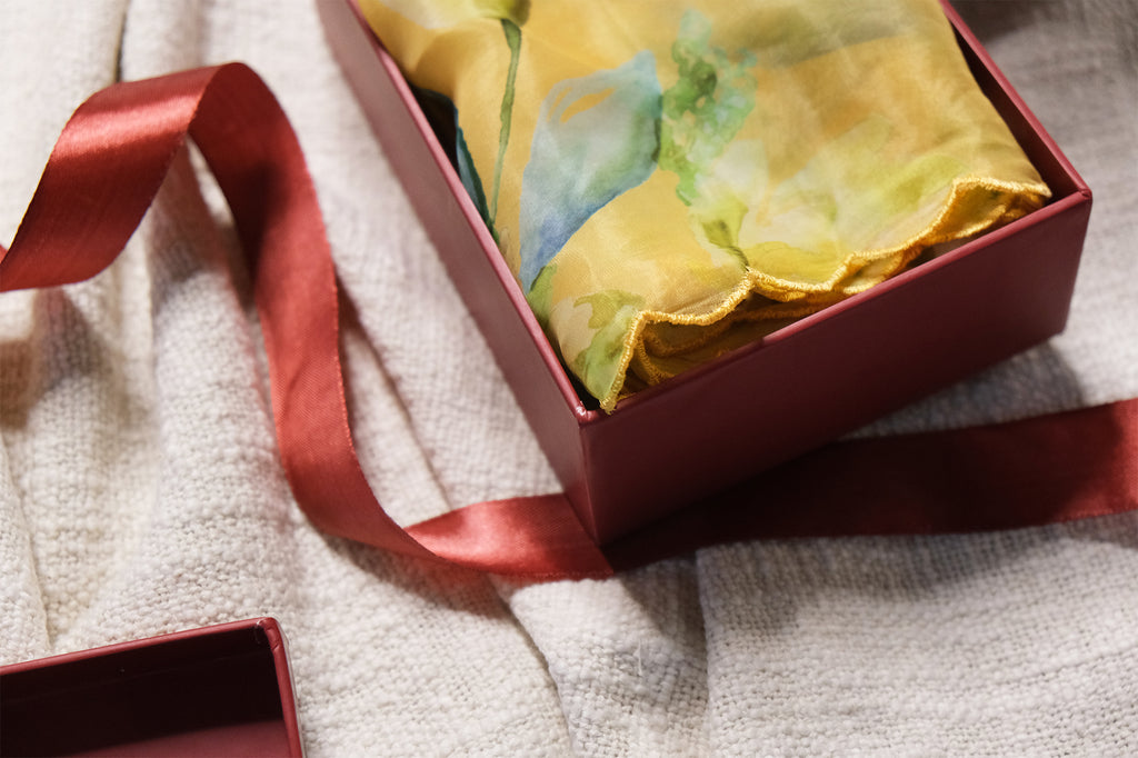 Floral yellow green Printed organza silk blend Stole / Dupatta Gift Box