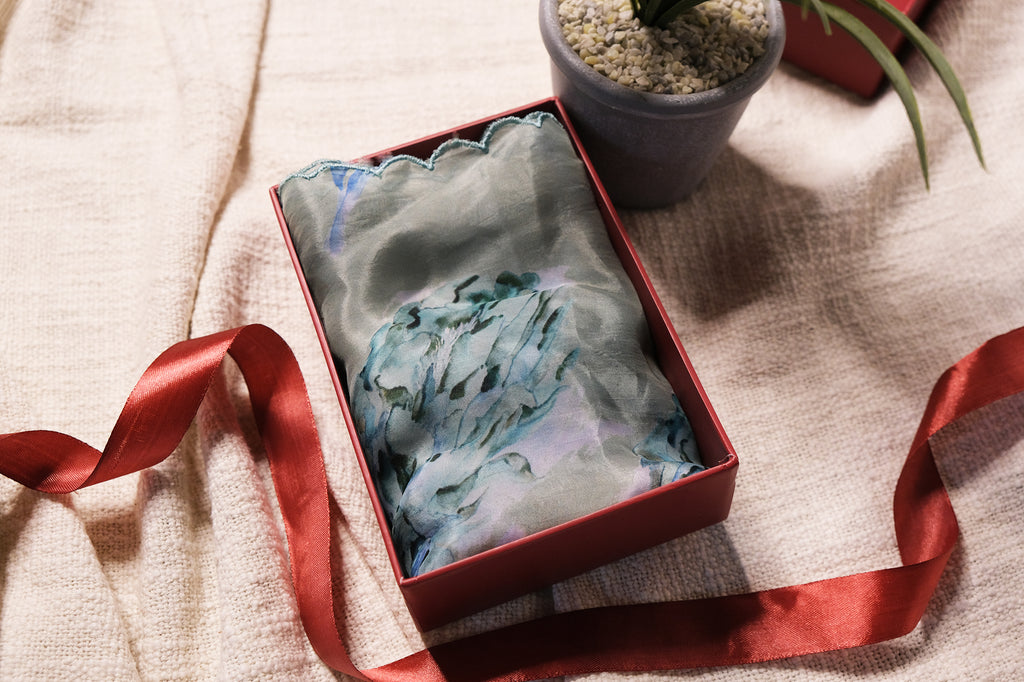 Floral sage green Printed organza silk blend Stole / Dupatta Gift Box