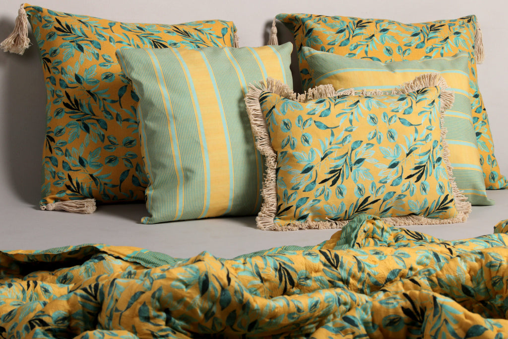 Fresh Citrus floral and geometrical reversible Printed 5 pc curated cushion set
