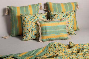 Fresh Citrus floral and geometrical reversible Printed 5 pc curated cushion set