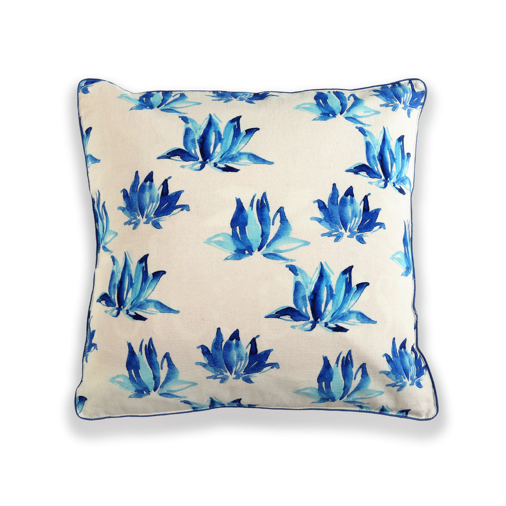 White And Blue Lotus Printed Cushion Cover
