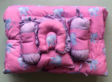 Pink And Purple Baby Elephant Printed Baby Bedding Set Of 7 Pcs