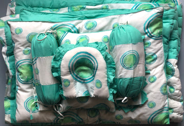 White And Green Circle Printed Baby Bedding Set Of 7 Pcs