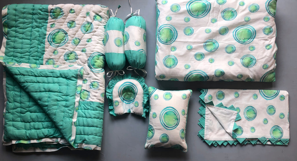 White And Green Circle Printed Baby Bedding Set Of 7 Pcs