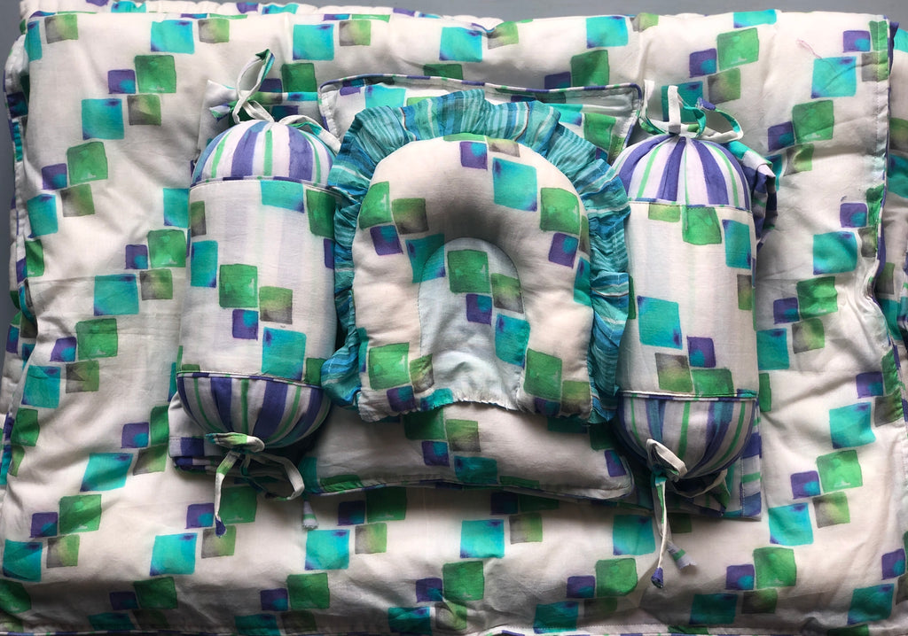 White And Green Square Printed Baby Bedding Set Of 7 Pcs